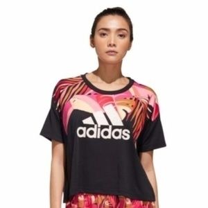ADIDAS Oversized Cropped Tee Black Pink Gold Tropical Bird Medium​​​​​​​​​​​​​​